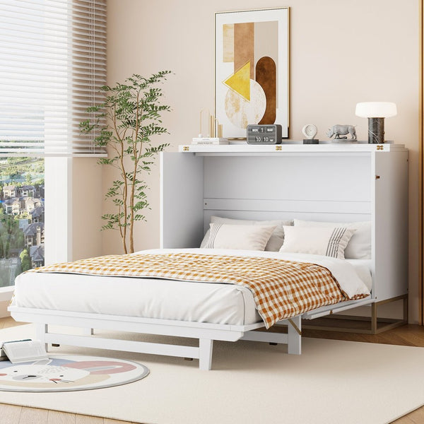 English Elm Murphy Queen Wall Bed with Frosted Glass Cabinet Facade Gold Legs Pine Frame White N820S00028K