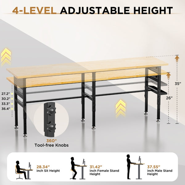 English Elm 96" Heavy Duty Garage Workbench Solid Wood Top Pegboard 2000 Lb Steel Frame W3190P401361