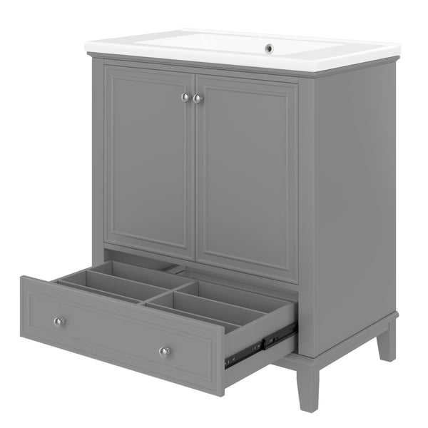 English Elm 30" Bathroom Vanity with Sink — Modern Freestanding 30" Cabinet with Ceramic Top, Drawer, Doors, Shelf Grey N725P221263E
