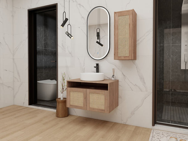 English Elm 30" Wall Mounted Bathroom Vanity Oak Finish Ceramic Art Sink Soft Close Storage W999S00495