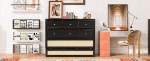 English Elm Full Size Murphy Wall Bed Cabinet with Rattan Panel Detailing and Storage Drawers Espresso N708P336203P