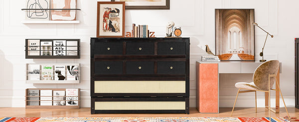English Elm Full Size Murphy Wall Bed Cabinet with Rattan Panel Detailing and Storage Drawers Espresso N708P336203P