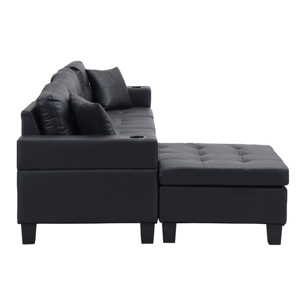 English Elm Sectional Faux Leather L Shape Sofa with Reversible Chaise and Cup Holder Modern W311S00062