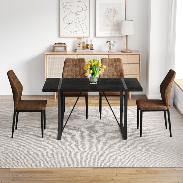 English Elm Black Faux Wood Grain Rectangular Dining Set with Shell Pattern Upholstered Chairs W1151S04370