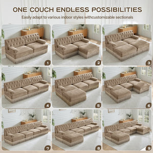 English Elm U Shaped Modular Sectional Sofa Chesterfield Tufted Velvet with Tassel Fringe Skirt Camel W714S01698