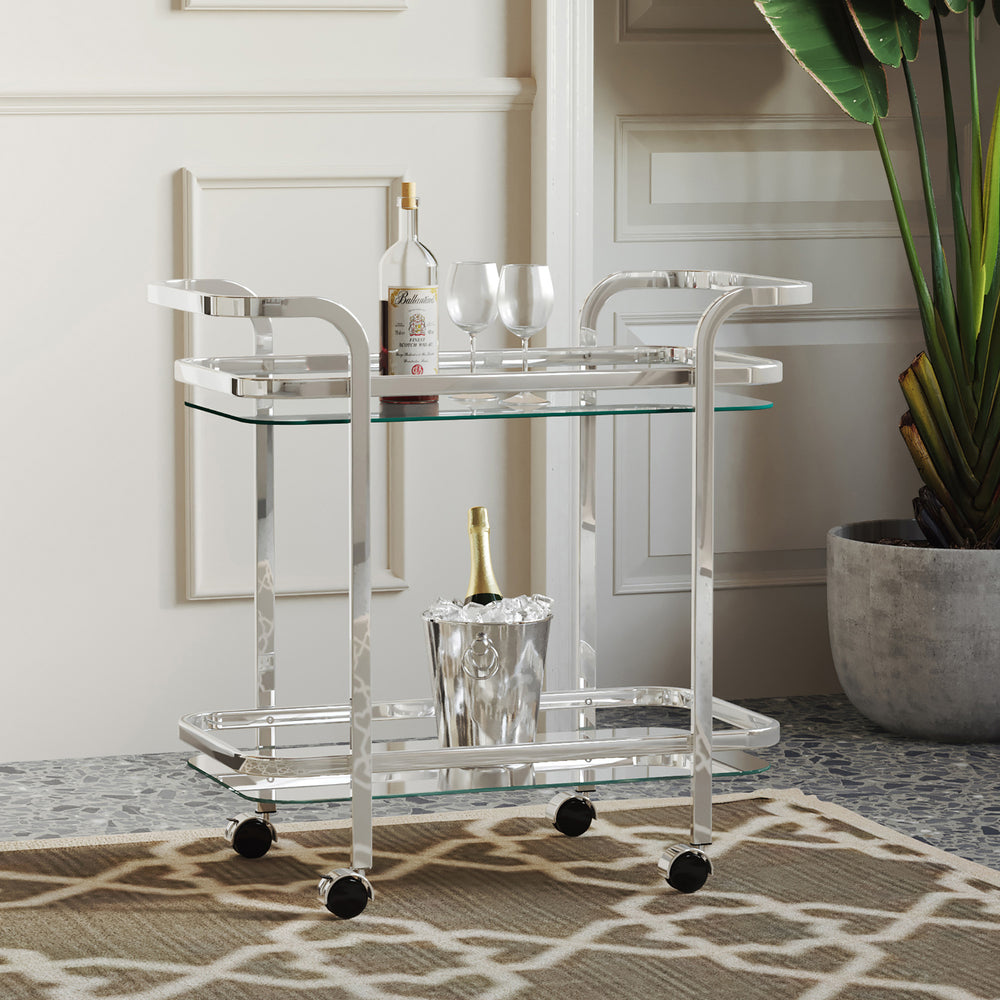 Worldwide Home Furnishings Zedd-2-tier Stylish Chrome Bar Cart With Glass Shelves & 360° Wheels For Effortless Entertaining Chrome Metal,Glass 556-218ch