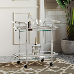 Worldwide Home Furnishings Zedd-2-tier Stylish Chrome Bar Cart With Glass Shelves & 360° Wheels For Effortless Entertaining Chrome Metal,Glass 556-218ch