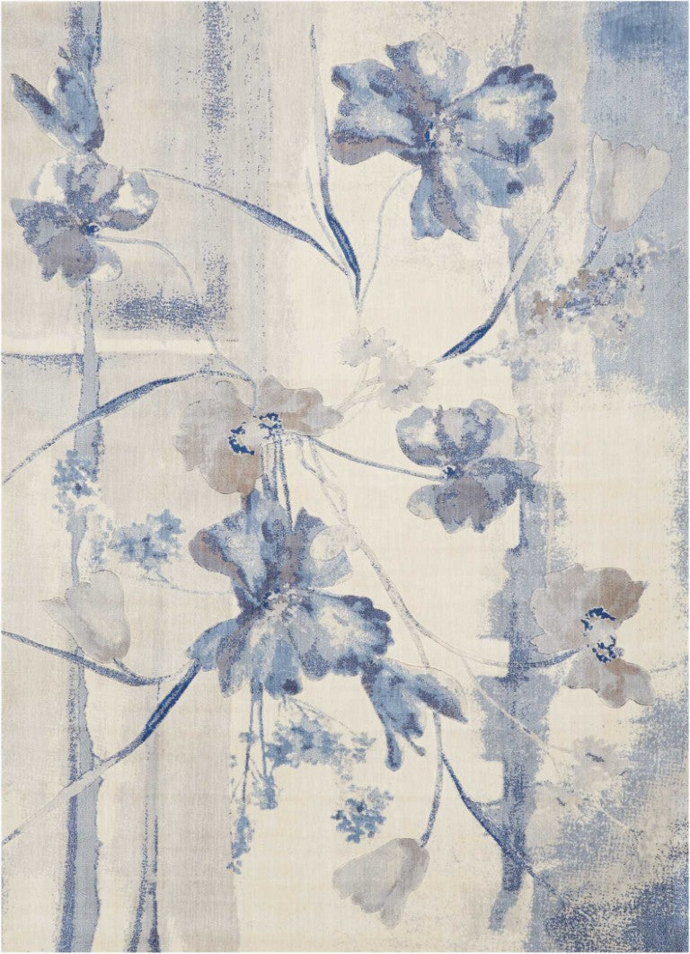 HomeRoots 7x10 Ivory Blue Floral Area Rug Power Loomed Cottage Style with Non Slip Backing 556004