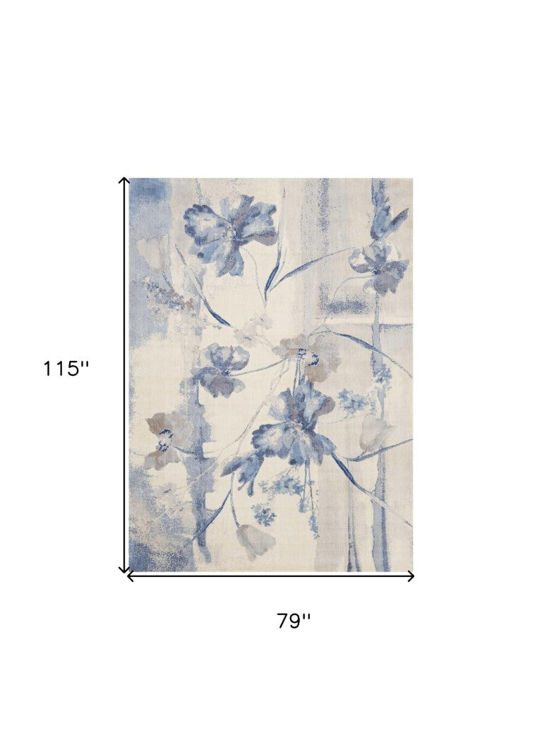 HomeRoots 7x10 Ivory Blue Floral Area Rug Power Loomed Cottage Style with Non Slip Backing 556004