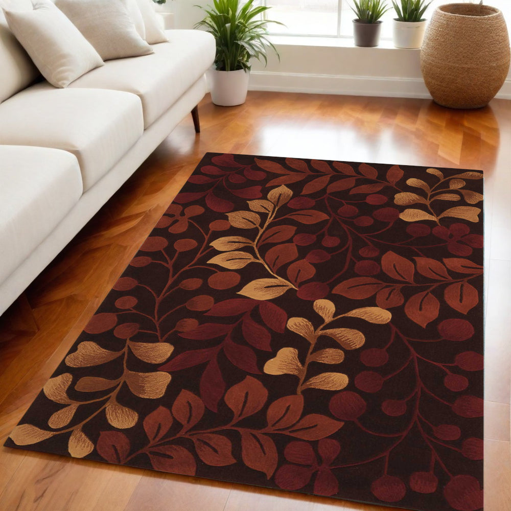 Homeroots 5' X 8' Chocolate Botanical Leaves Area Rug  Polyester 556009