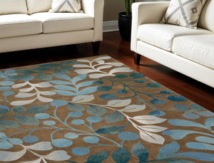 Homeroots 7' X 9' Blue And Brown Botanical Leaves Area Rug  Polyester 556014