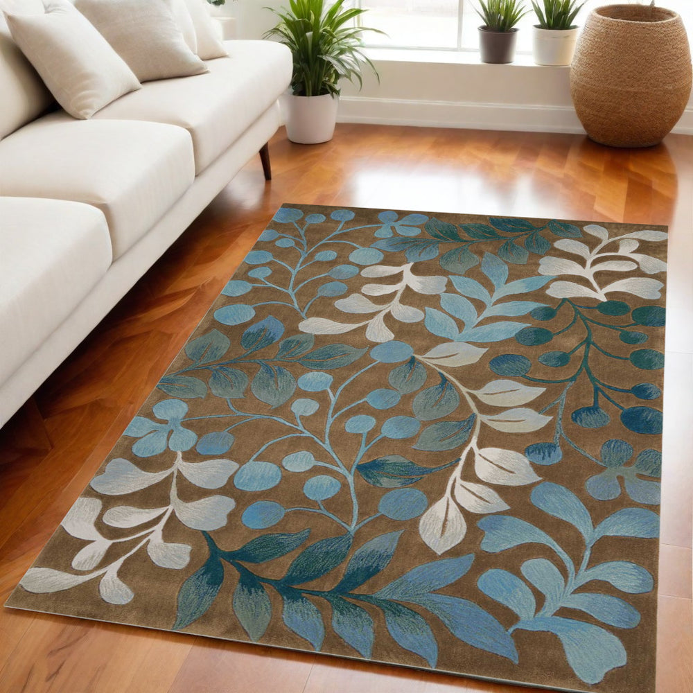 Homeroots 5' X 8' Brown Botanical Leaves Area Rug  Polyester 556015