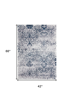 Homeroots 4' X 6' Navy Blue And Ivory Damask Distressed Area Rug  Polyester 556033
