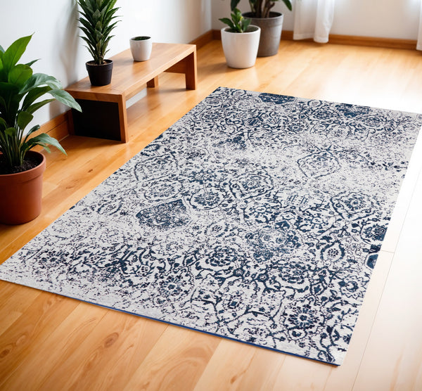 Homeroots 4' X 6' Navy Blue And Ivory Damask Distressed Area Rug  Polyester 556033