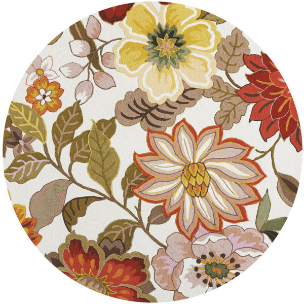 Homeroots 6' Ivory And Red Botanical Leaves Round Rug  Polyester 556046