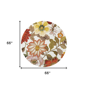 Homeroots 6' Ivory And Red Botanical Leaves Round Rug  Polyester 556046