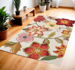Homeroots 4' X 6' Ivory Tan And Red Floral Area Rug  Polyester 556050