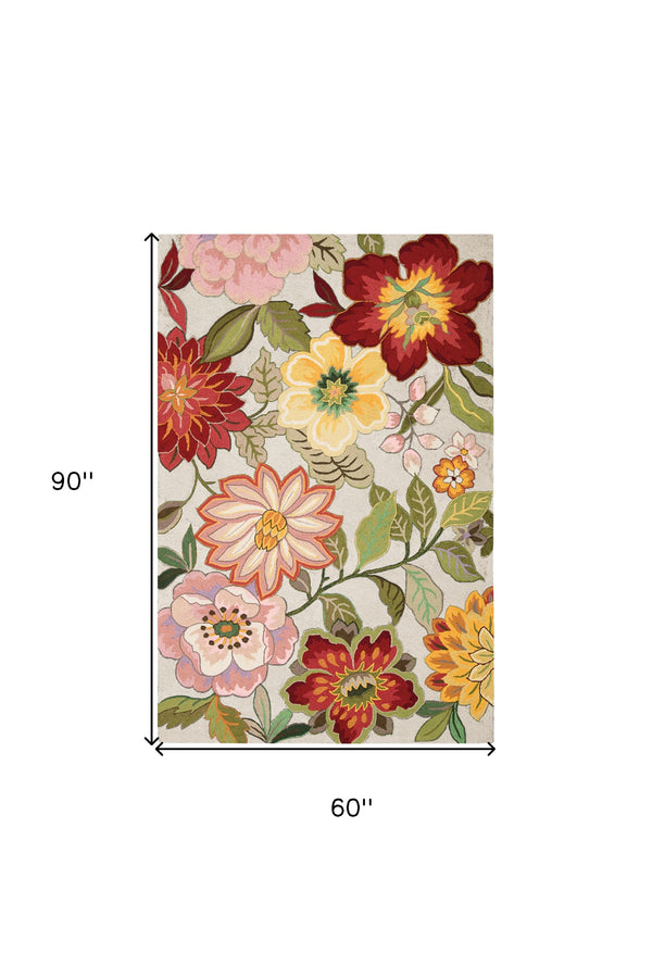 Homeroots 5' X 8' Ivory Tan And Red Floral Area Rug  Polyester 556051