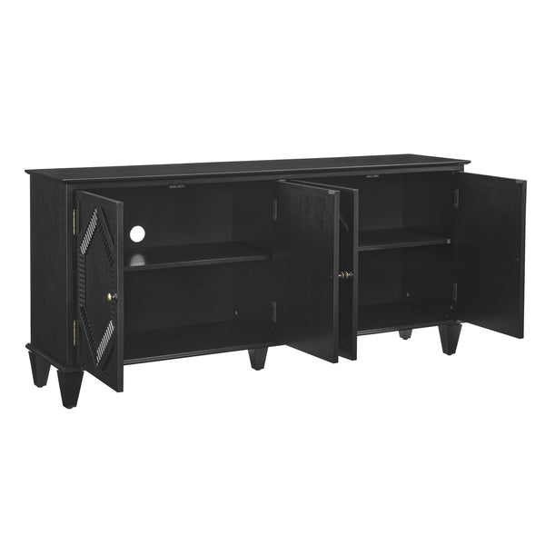 English Elm 65.2" Mid Century Sideboard Buffet with Fluted Geometric Doors, Spacious Adjustable Shelves & Brass Accents Black W1801P346229