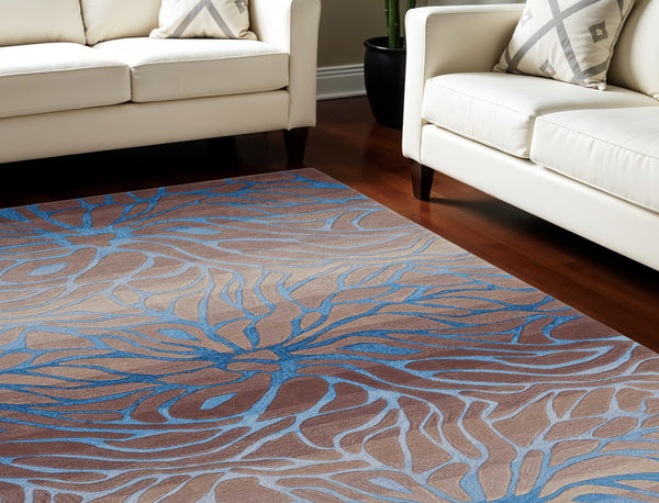Homeroots 8' X 11' Gray And Blue Botanical Leaves Area Rug  Polyester 556060