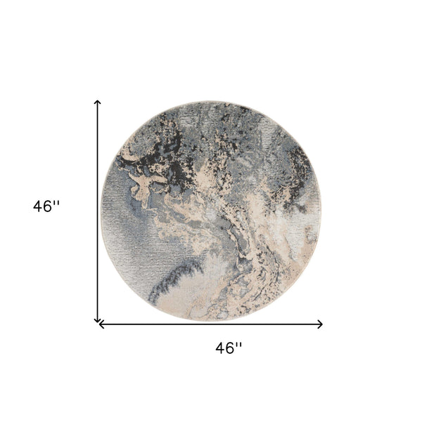 Homeroots 4' Gray Black And Ivory Abstract Round Rug  Polyester 556067