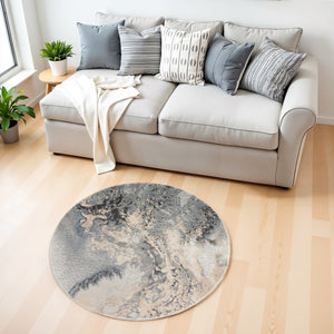 Homeroots 4' Gray Black And Ivory Abstract Round Rug  Polyester 556067