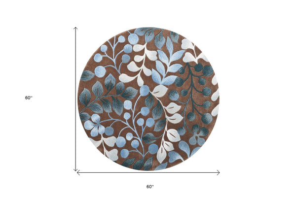Homeroots 5' Brown Botanical Leaves Round Rug  Polyester 556081
