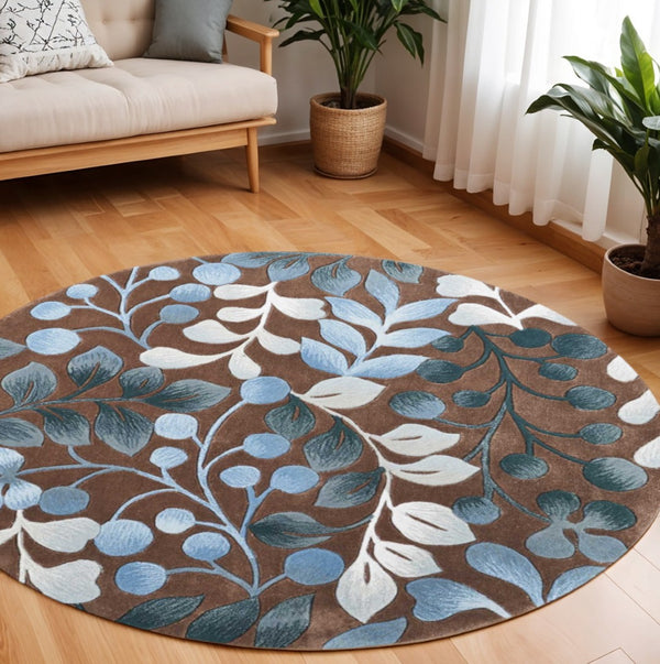 HomeRoots 8' Brown Botanical Leaves Rug – Stylish Natural Accent for Modern Interiors, Durable & Low-Maintenance 8' Round 556083