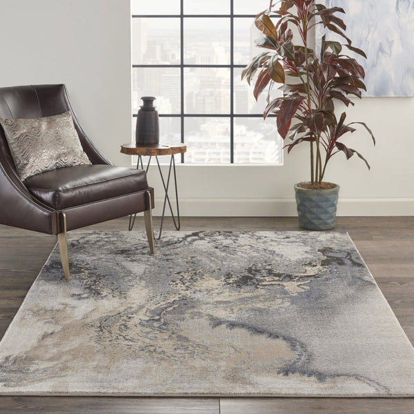 HomeRoots 9' Modern Abstract Area Rug in Gray, Black, and Ivory - Durable, Soft, and Stylish for Any Room 5' X 7' 556088