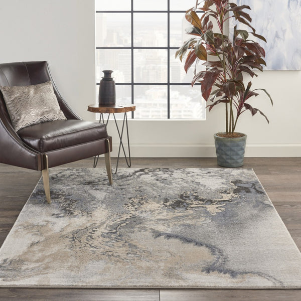 HomeRoots 4' Gray Blue and Ivory Abstract Area Rug – Stylish, Durable, and Easy-Care for Modern Homes 4' X 6' 556089