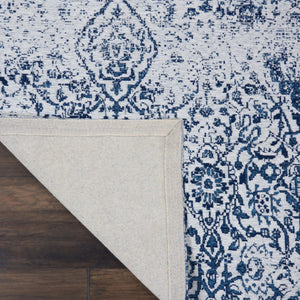 HomeRoots 8' Navy Blue and Ivory Damask Distressed Area Rug - Timeless Elegance for Any High-Traffic Space 8' X 10' 556095