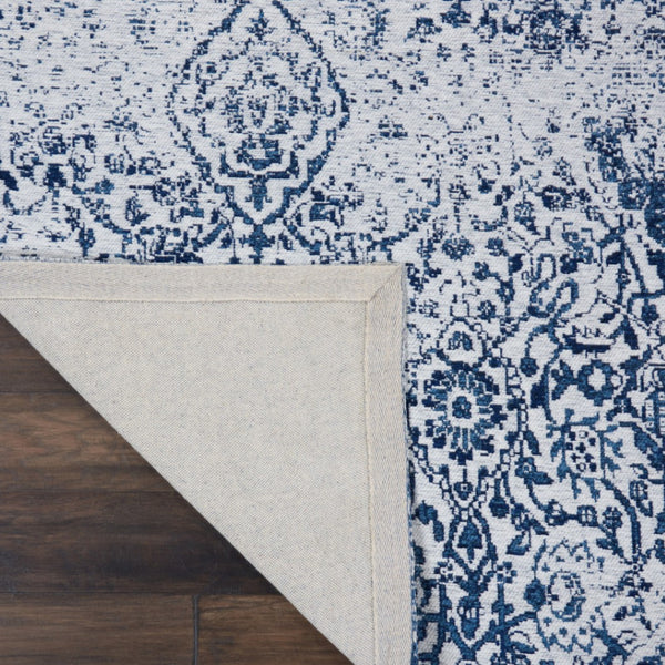 HomeRoots 8' Navy Blue and Ivory Damask Distressed Area Rug - Timeless Elegance for Any High-Traffic Space 8' X 10' 556095