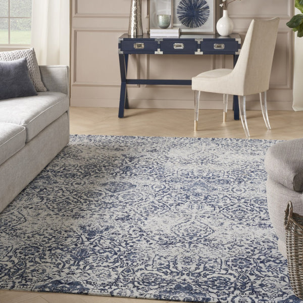 HomeRoots 8' Navy Blue and Ivory Damask Distressed Area Rug - Timeless Elegance for Any High-Traffic Space 8' X 10' 556095