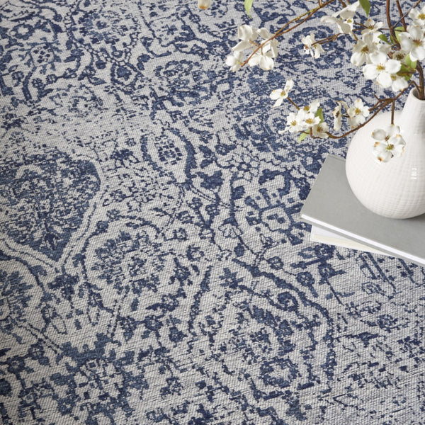 HomeRoots 8' Navy Blue and Ivory Damask Distressed Area Rug - Timeless Elegance for Any High-Traffic Space 8' X 10' 556095