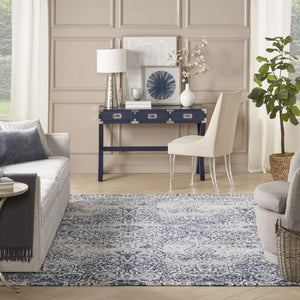 HomeRoots 8' Navy Blue and Ivory Damask Distressed Area Rug - Timeless Elegance for Any High-Traffic Space 8' X 10' 556095