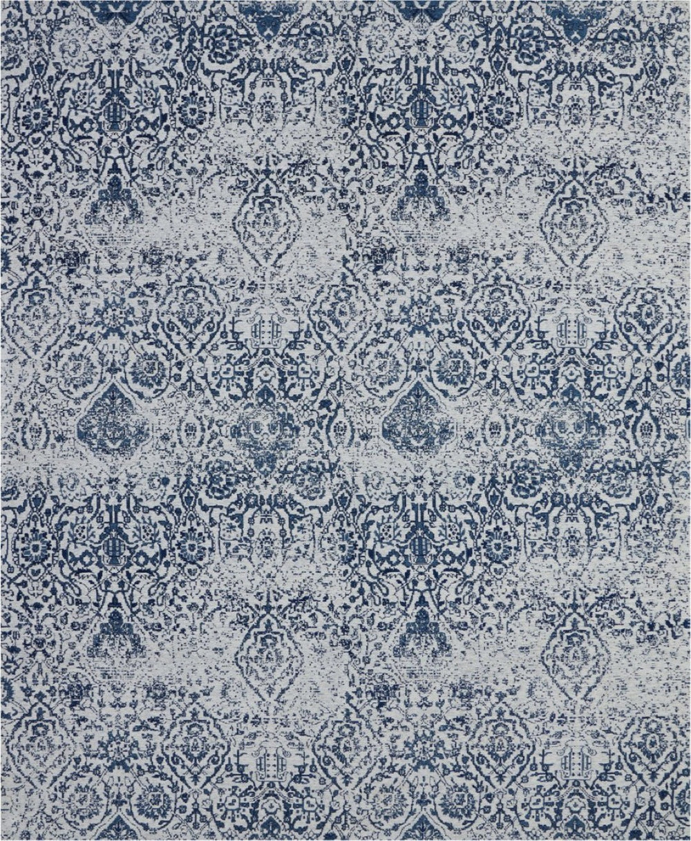HomeRoots 8' Navy Blue and Ivory Damask Distressed Area Rug - Timeless Elegance for Any High-Traffic Space 8' X 10' 556095