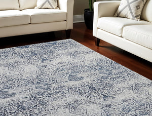 Homeroots 8' X 10' Navy Blue And Ivory Damask Distressed Area Rug  Polyester 556095