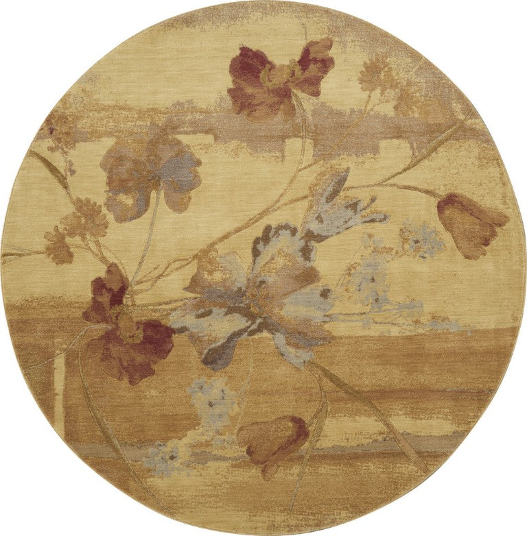 8 Ft Round Floral Area Rug Warm Beige Tones Polyester Blend for Living Rooms