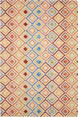 HomeRoots 4' Hand-Tufted Wool Area Rug with Geometric Ivory, Blue, and Red Design for Modern Bohemian Spaces 4' X 6' 556104