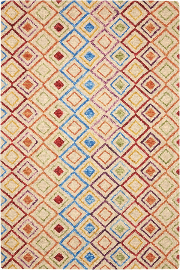 HomeRoots 4' Hand-Tufted Wool Area Rug with Geometric Ivory, Blue, and Red Design for Modern Bohemian Spaces 4' X 6' 556104