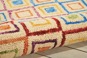 HomeRoots 4' Hand-Tufted Wool Area Rug with Geometric Ivory, Blue, and Red Design for Modern Bohemian Spaces 4' X 6' 556104