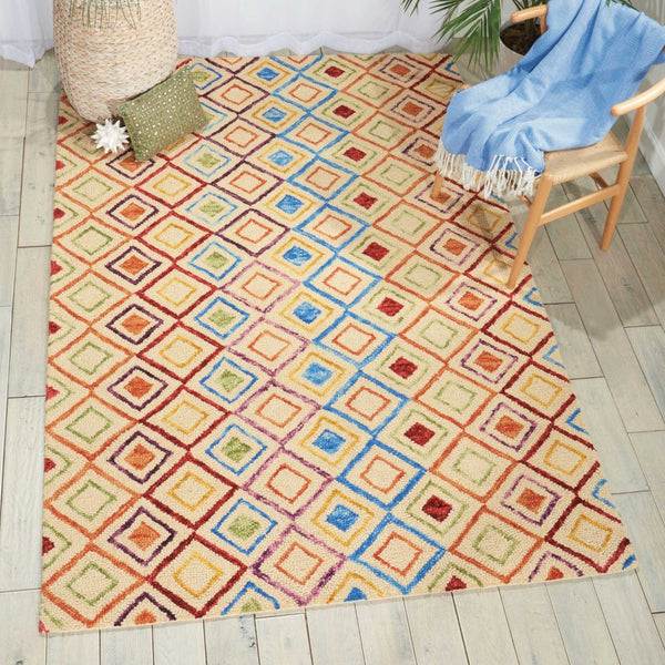 HomeRoots 4' Hand-Tufted Wool Area Rug with Geometric Ivory, Blue, and Red Design for Modern Bohemian Spaces 4' X 6' 556104