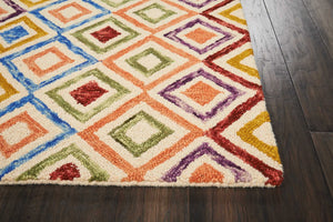 HomeRoots 4' Hand-Tufted Wool Area Rug with Geometric Ivory, Blue, and Red Design for Modern Bohemian Spaces 8' X 11' 556105