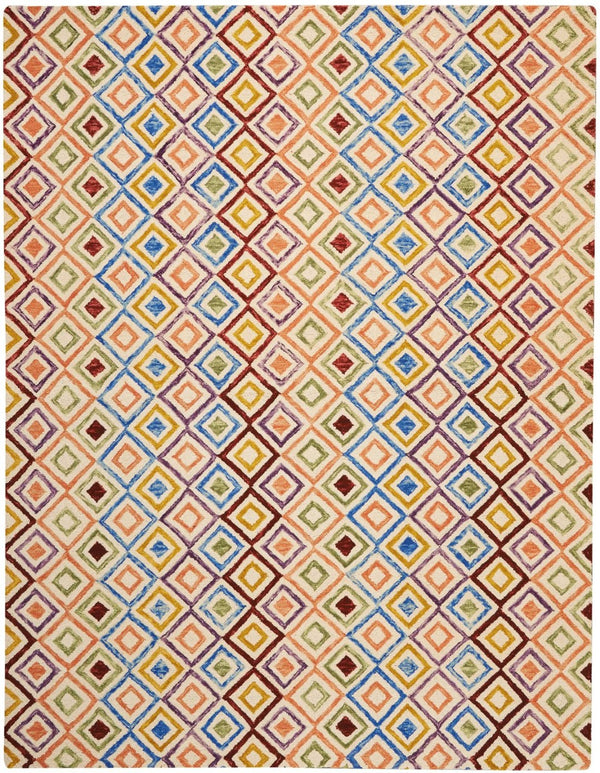 HomeRoots 4' Hand-Tufted Wool Area Rug with Geometric Ivory, Blue, and Red Design for Modern Bohemian Spaces 8' X 11' 556105