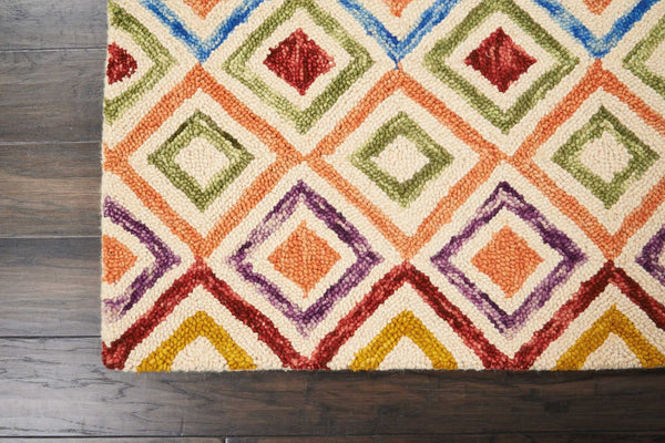 HomeRoots 4' Hand-Tufted Wool Area Rug with Geometric Ivory, Blue, and Red Design for Modern Bohemian Spaces 8' X 11' 556105