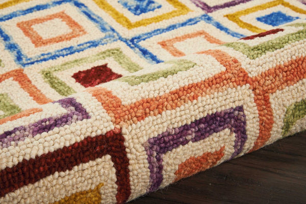 HomeRoots 4' Hand-Tufted Wool Area Rug with Geometric Ivory, Blue, and Red Design for Modern Bohemian Spaces 8' X 11' 556105