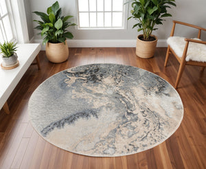 Homeroots 5' Gray Blue And Ivory Abstract Round Rug  Polyester 556124