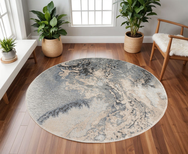 Homeroots 5' Gray Blue And Ivory Abstract Round Rug  Polyester 556124