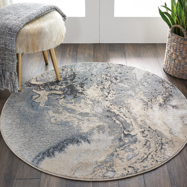 HomeRoots 5' Abstract Area Rug in Gray, Blue, and Ivory - Stylish, Durable, and Stain-Resistant Design for Any Space 5' Round 556124