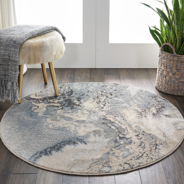 HomeRoots 5' Abstract Area Rug in Gray, Blue, and Ivory - Stylish, Durable, and Stain-Resistant Design for Any Space 5' Round 556124